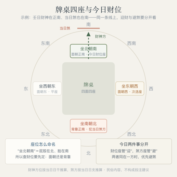 麻将桌四座方位图:坐西朝东等四个座位与财神方、煞方的对应关系