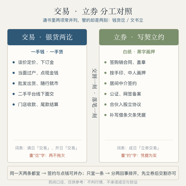 交易与立券分工对照:左列银货两讫,右列写契立约,各标今人用事场景