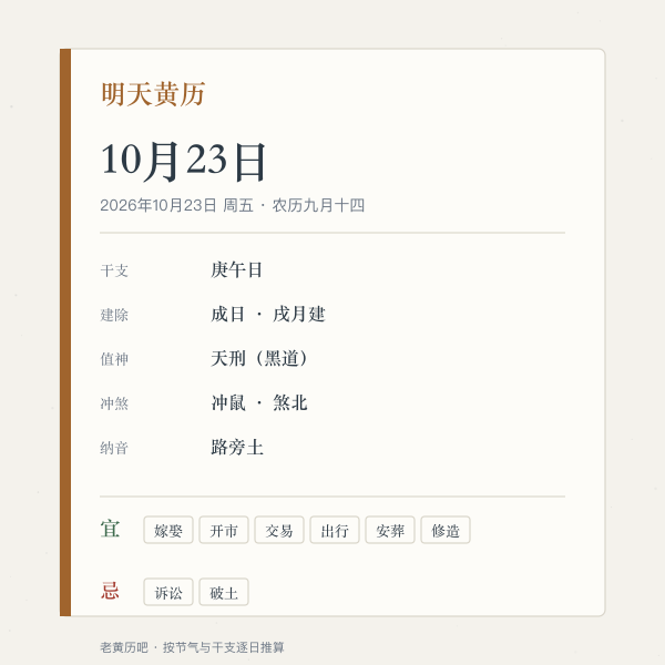 明天黄历信息卡：公历、农历、四柱、建除、值神与冲煞一屏对照