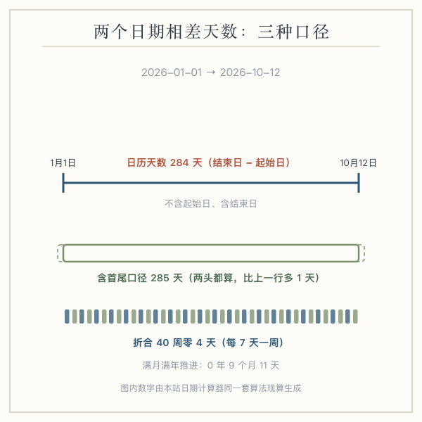 两个日期相差天数的三种口径示意:日历天数、含首尾、折合周数
