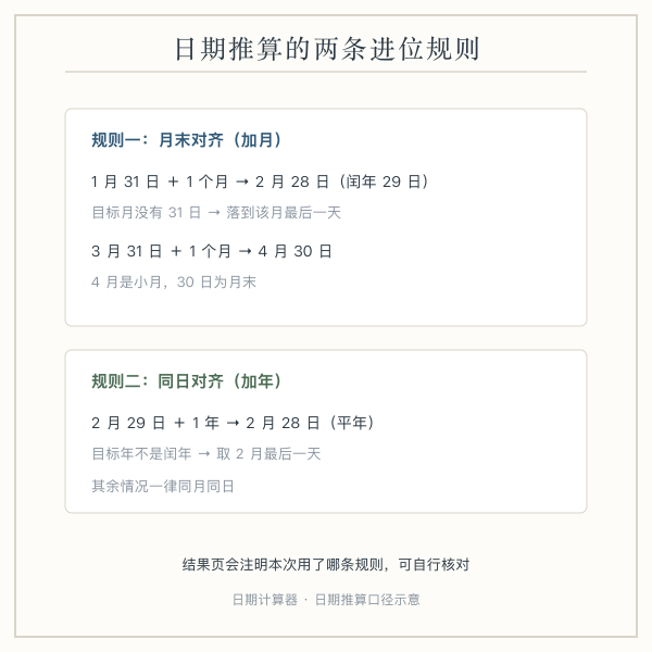 日期推算示意:跨月时“月末对齐”、跨闰年时“2月29日落到2月28日”两条规则