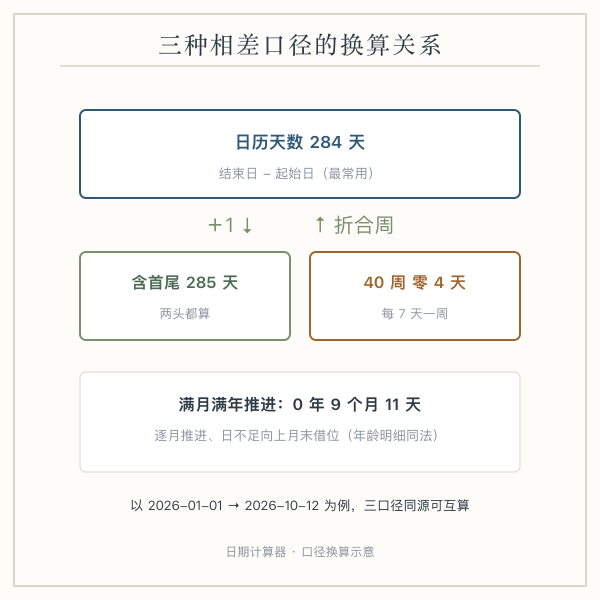 三种相差口径对照:日历天数、含首尾天数、满月满年推进的换算关系