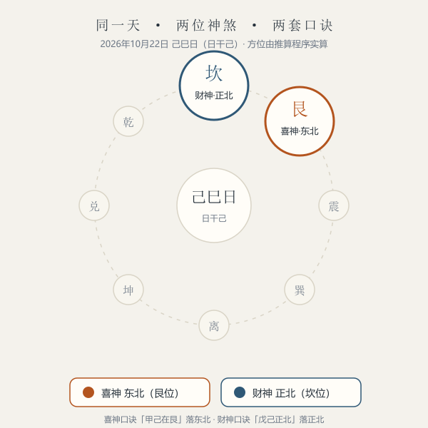 喜神与财神同日方位对比示意