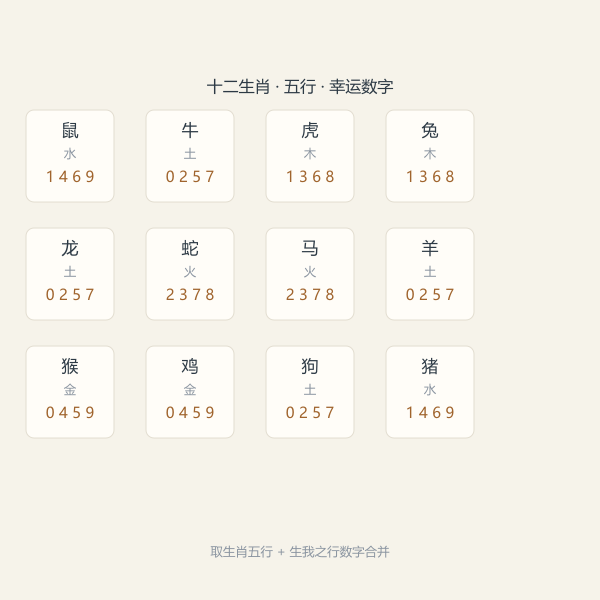 十二生肖 · 五行 · 幸运数字一览