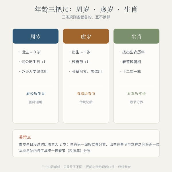 年龄换算速查卡：周岁与虚岁、生肖与出生年份三栏对照